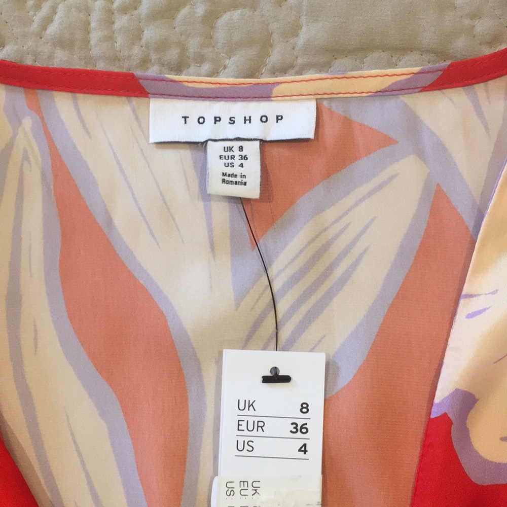 🆕 TOPSHOP Puff Sleeve Cutout Back Large Floral Satin Mini Dress 4 Red/Cream - Picture 14 of 15